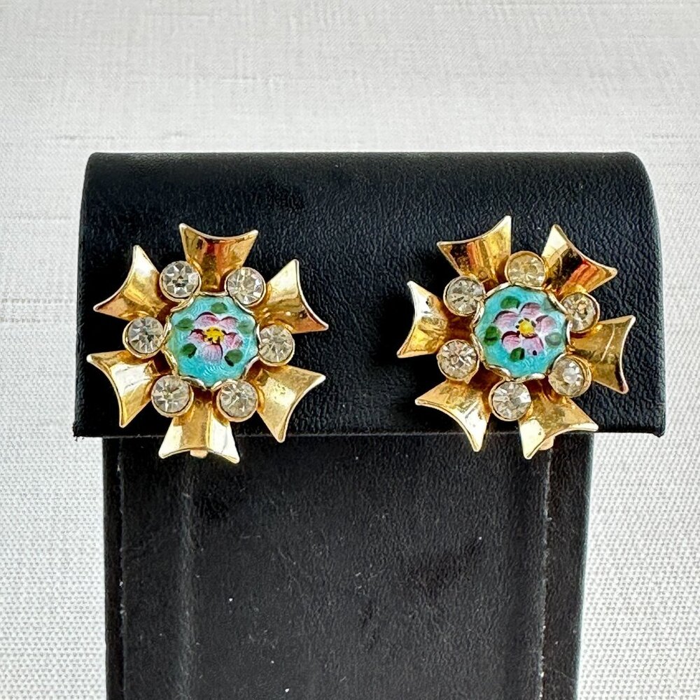 Guilloché Floral Earrings, Vintage Gold Screw-Back